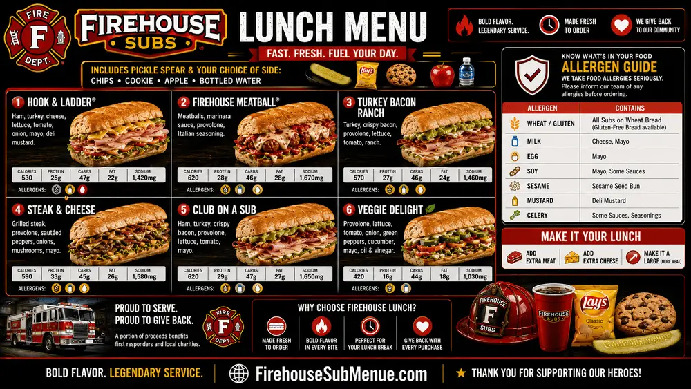 Firehouse Subs Lunch Menu - Prices, Pictures, Nutrition & Allergens 1 Firehouse Subs Lunch Menu