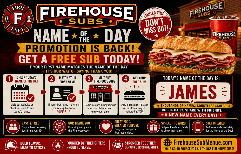 Firehouse Subs Name of the Day Promotion is back. Get Free Sub Today! 1 Firehouse Subs Name of the Day