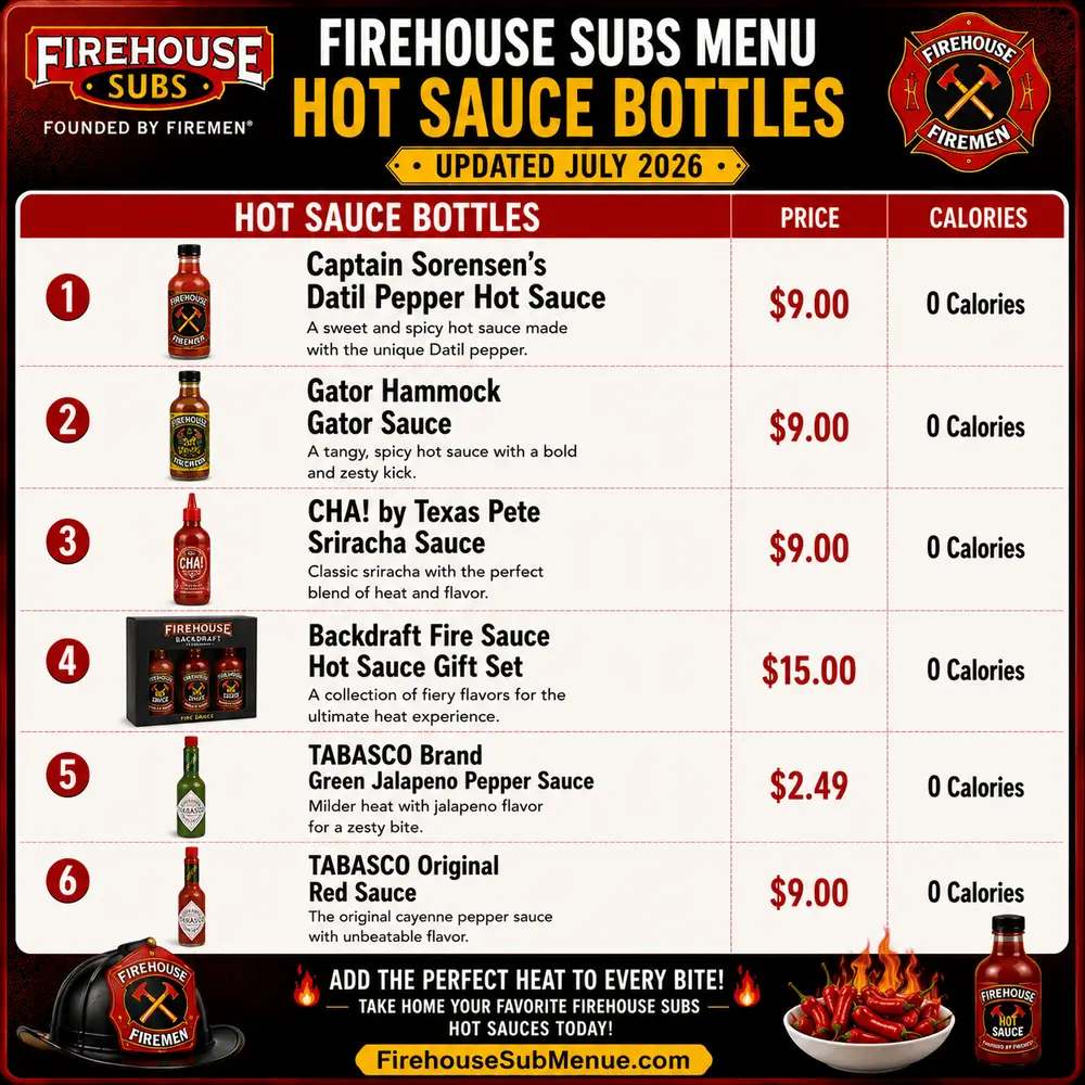 Firehouse Subs Menu | Prices, Pictures & Nutrition Info 2026 240 Firehouse Subs Menu Hot Sauce Bottles