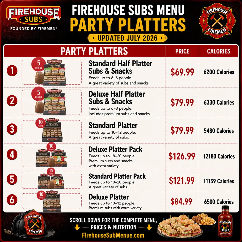 Firehouse Subs Menu | Prices, Pictures & Nutrition Info 2026 211 Firehouse Subs Menu Party Platters