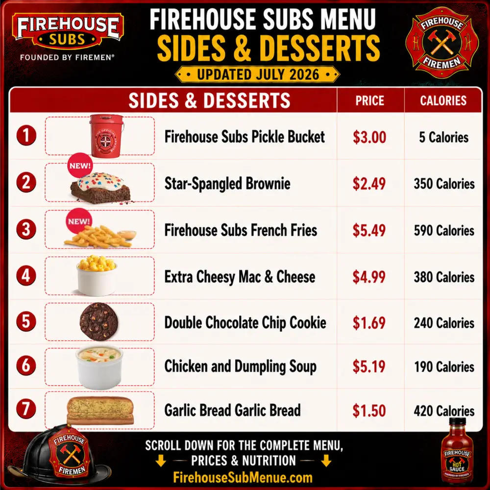 Firehouse Subs Menu | Prices, Pictures & Nutrition Info 2026 255 Firehouse Subs Menu Sides And Desserts